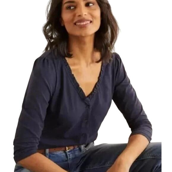 Boden Freya Navy Blue Ruffle trim jersey knit blouse top size US 2R - Picture 1 of 4